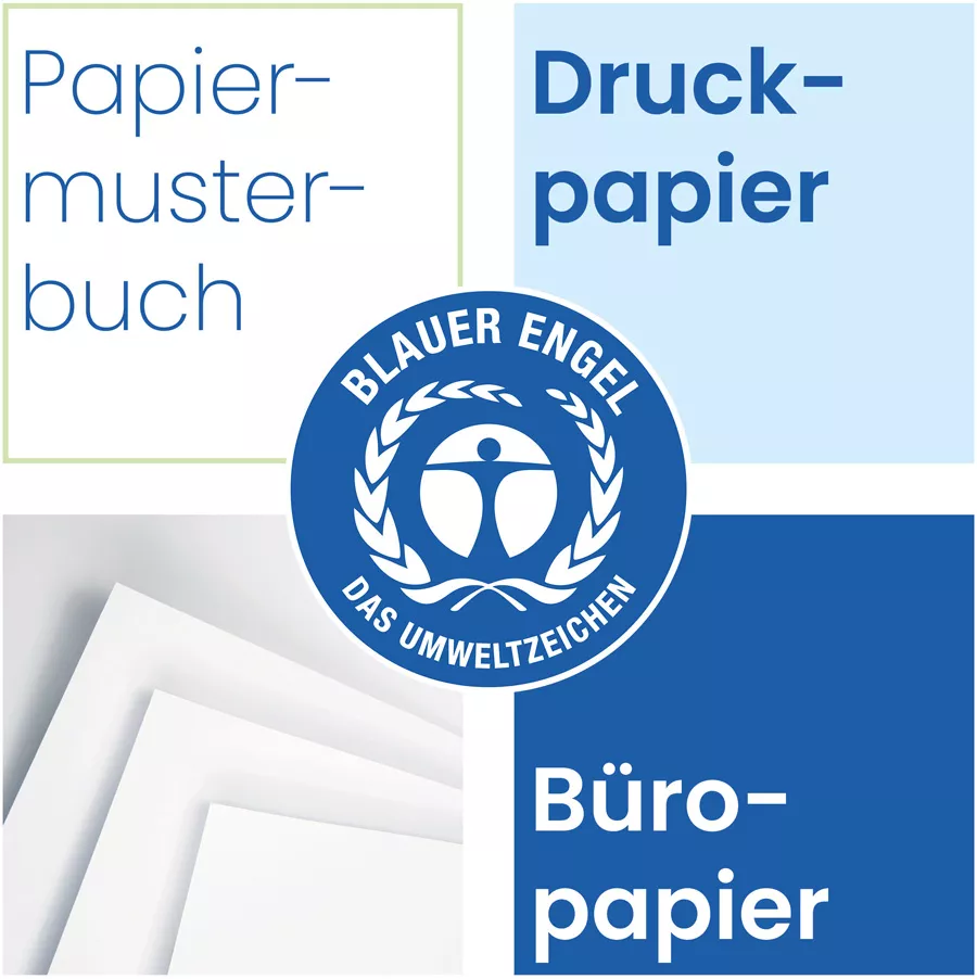 Cover with the text paper sample book, printing paper, office paper with the Blue Angel logo